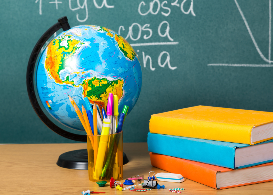 classroom desk with globe